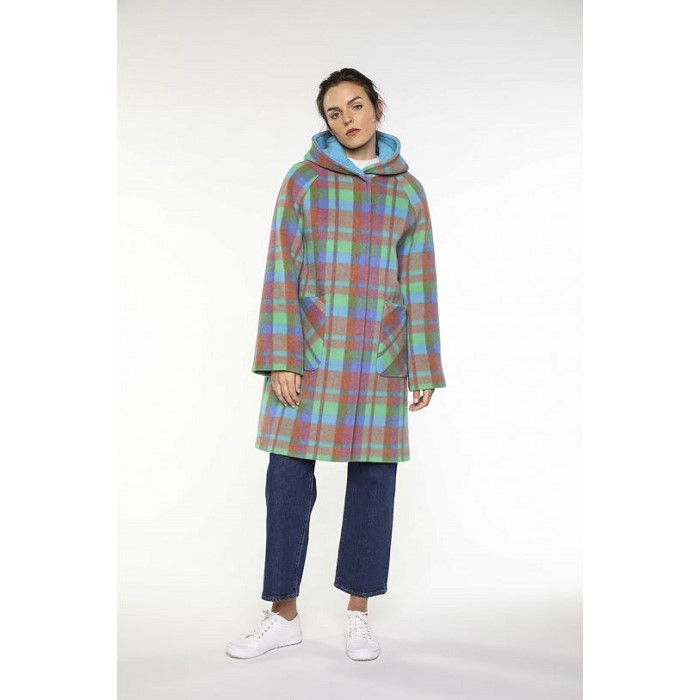 프랑스 코트브랜드 LENER [메종르네] Hoody coat in wool and alpaca blue and green ckecks 00634